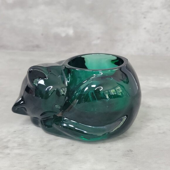 Green Glass Cat Figurine Bowl 4.25" Vintage Art Glass Animal Trinket Dish Decor - Picture 1 of 7